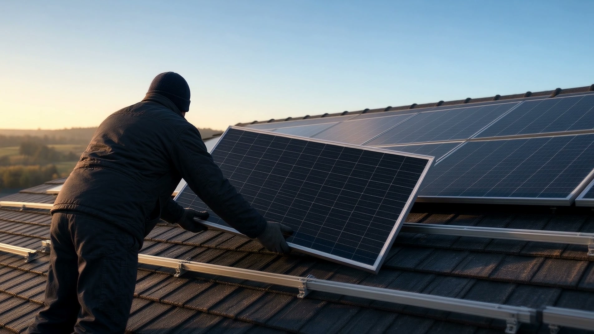 Photovoltaikmodule auf einem Wohnhausdach im Morgenlicht