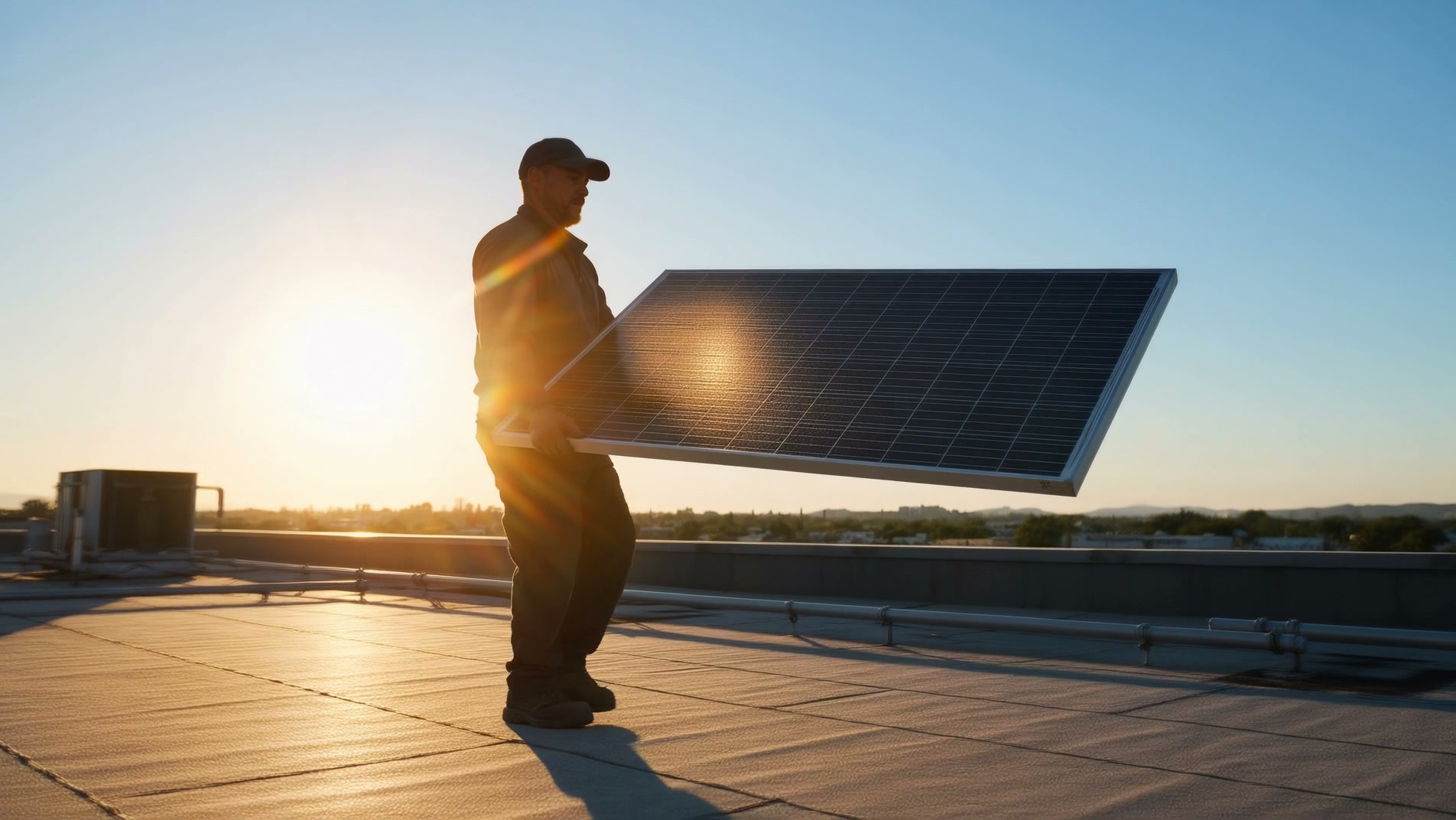 Solarmodule auf einem Dach im Streiflicht