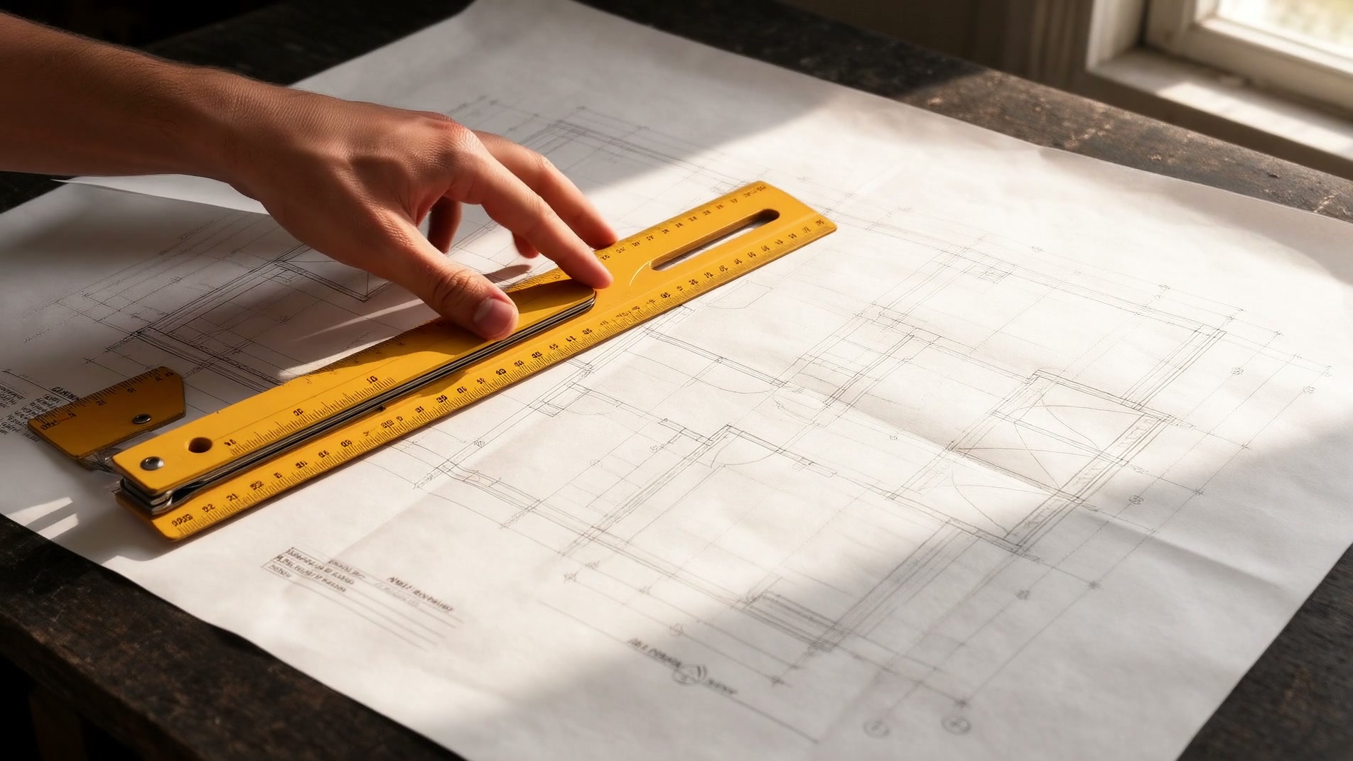 Dachplan und Werkzeug auf einer Werkbank